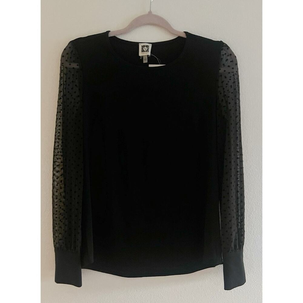 NWT Anne Klein Polka Dot Sheer Sleeves Black Blouse Small